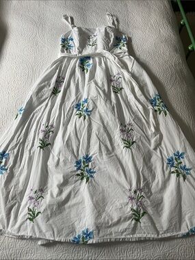 Lea White Cotton Midi Dress with Embroidered Blue & Purple Flowers, Size Medium